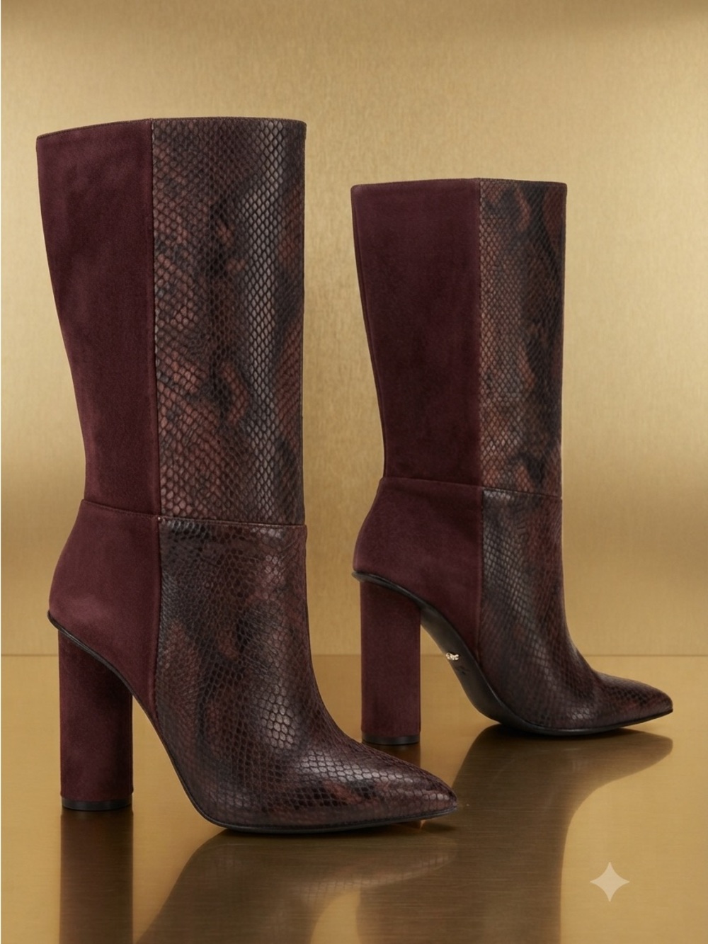 42 GOLD Two-Tone Burgundy Snake-Embossed & Suede Boots
